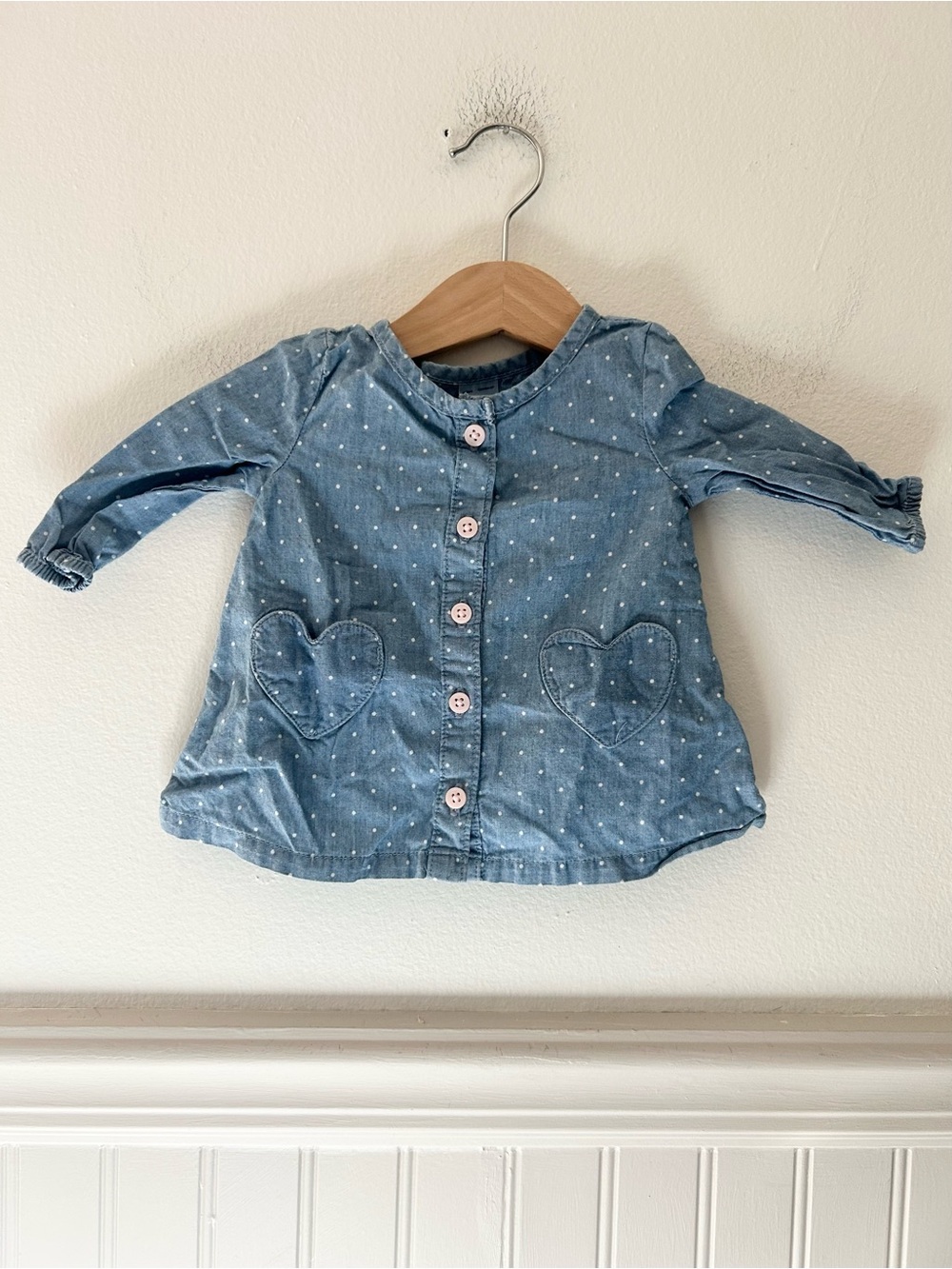 Carter's 3 Months Blue Chambray Polka Dot Button-Front Shirt with Heart Pockets